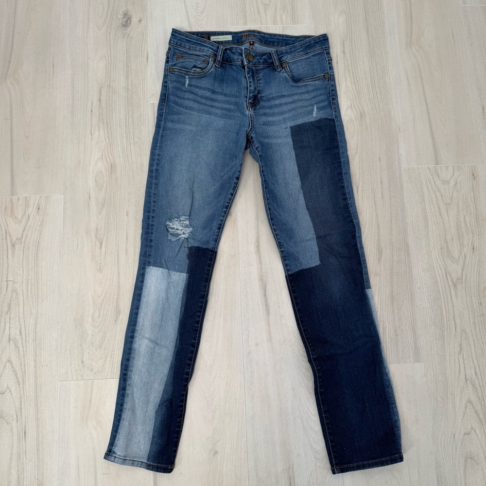 Kut from the Kloth Catherine Boyfriend Blue Patchwork Straight Leg Jeans size 6